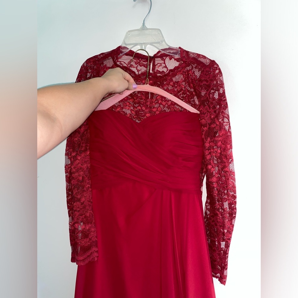 Bill Levkoff Red Sweetheart Neckline Dress w/ Specialty Lace Underlay Top